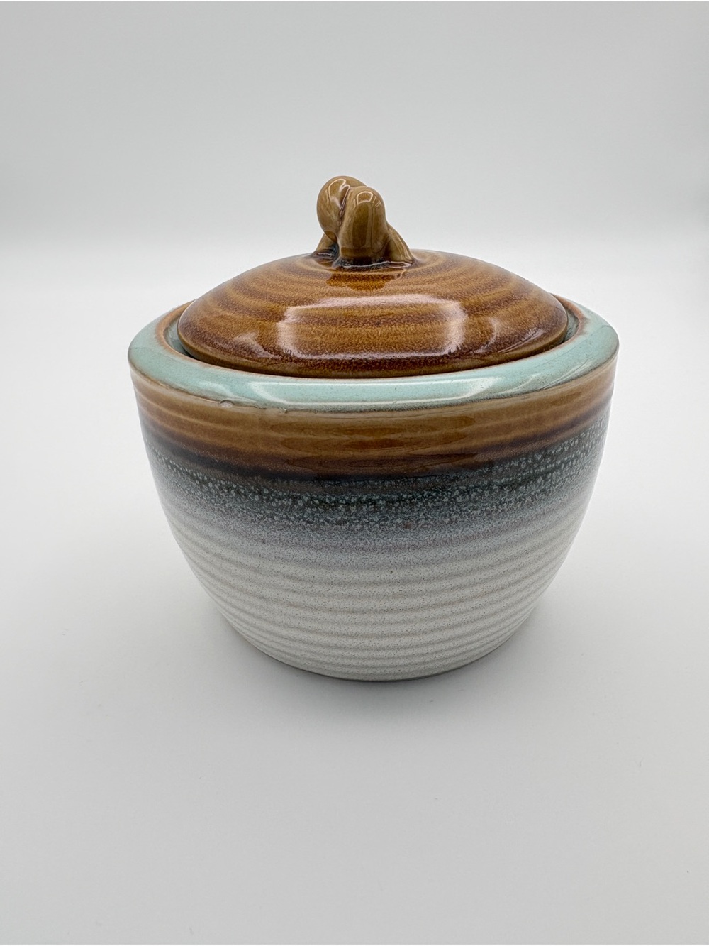 Roscher Stoneware Lidded Jar/Crock Neutral Tones Turquoise Accent Twist Handle